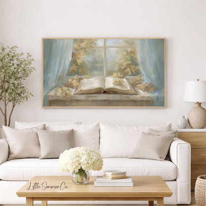 Window Book Leaves Frame TV Art displayed on a TV