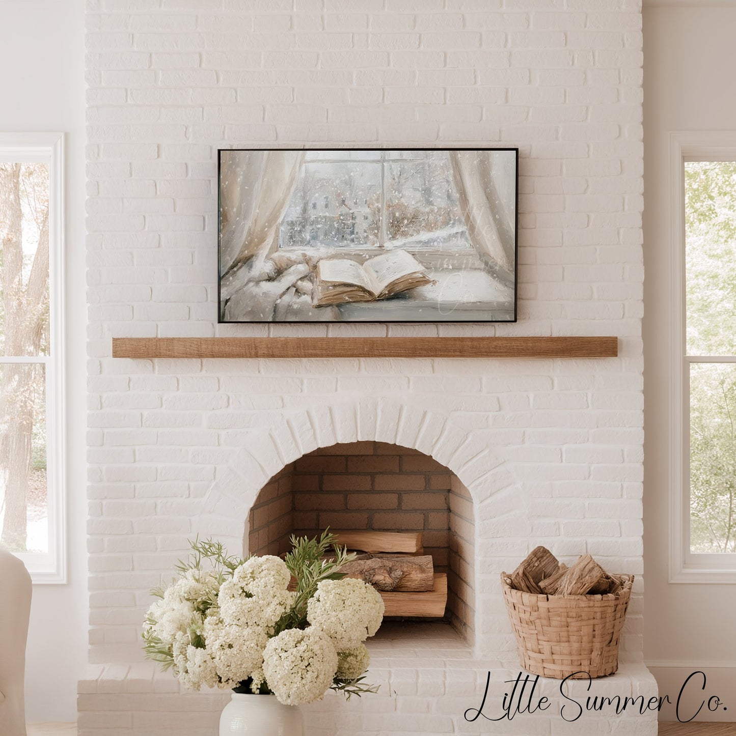 Open Book Snowy Window Frame TV Art displayed on a TV