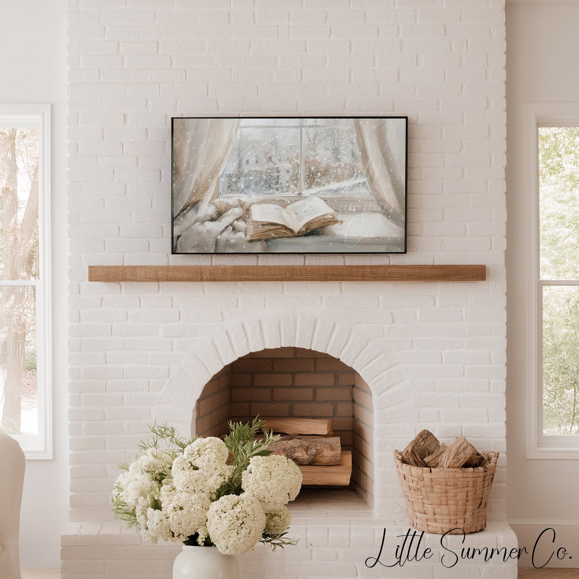 Open Book Snowy Window Frame TV Art displayed on a TV