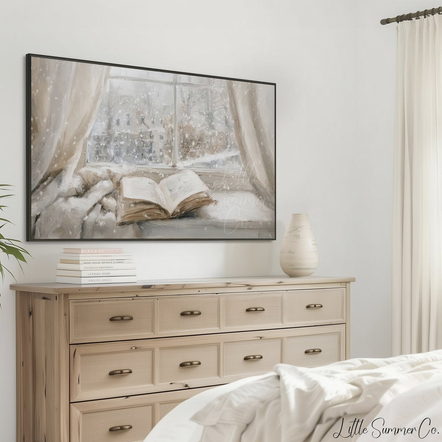 Open Book Snowy Window Frame TV Art displayed on a TV