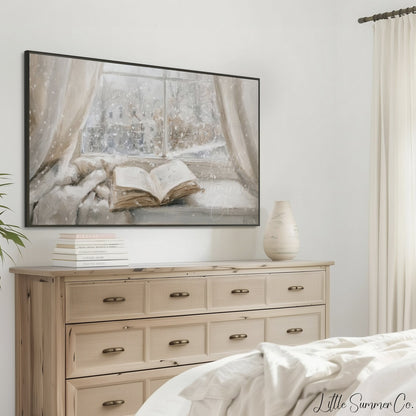 Open Book Snowy Window Frame TV Art displayed on a TV