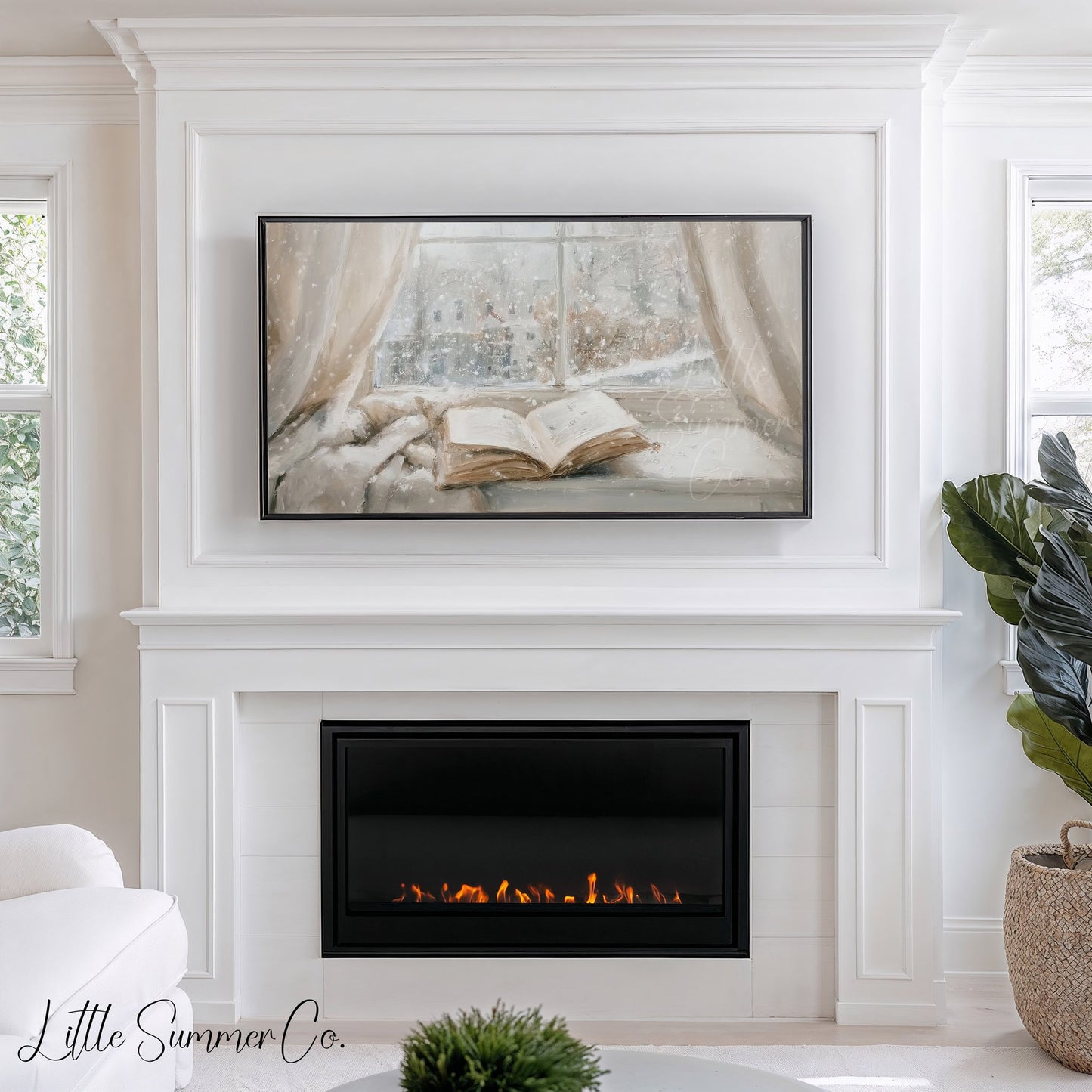 Open Book Snowy Window Frame TV Art displayed on a TV