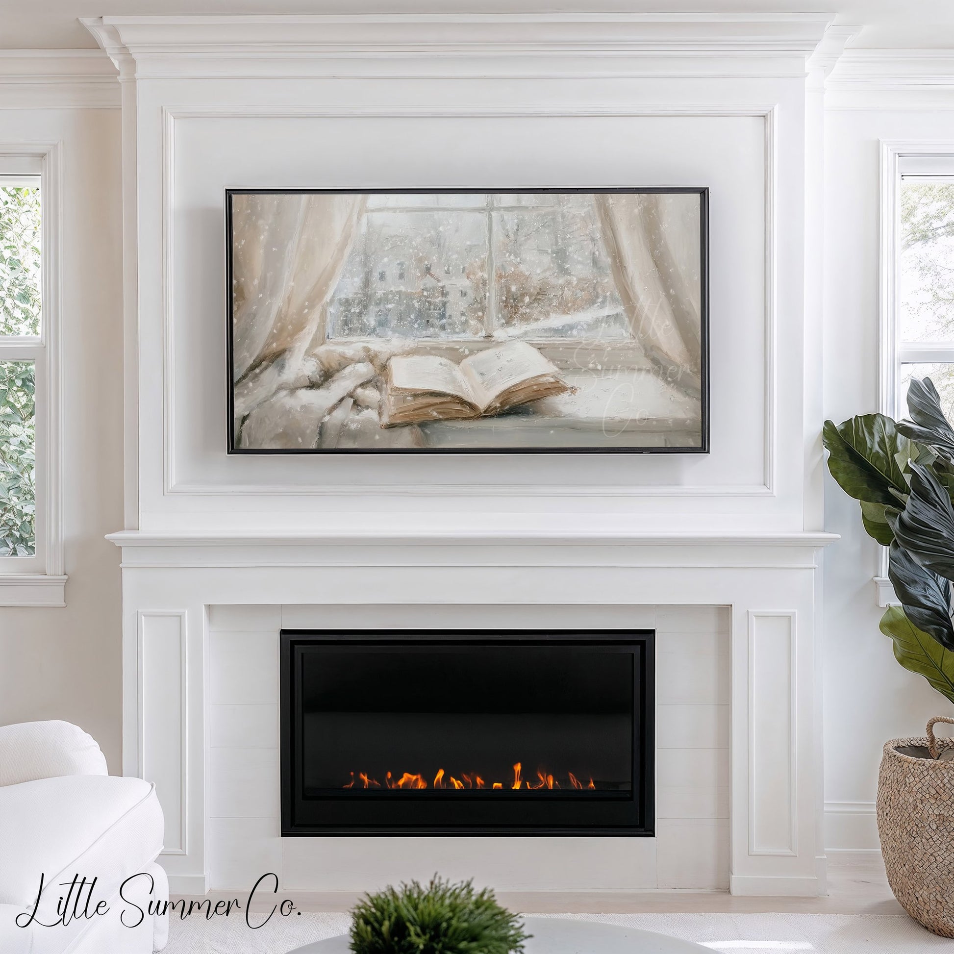 Open Book Snowy Window Frame TV Art displayed on a TV