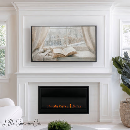 Open Book Snowy Window Frame TV Art displayed on a TV