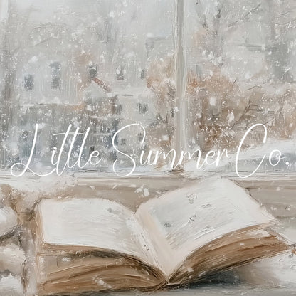 Open Book Snowy Window Frame TV Art displayed on a TV