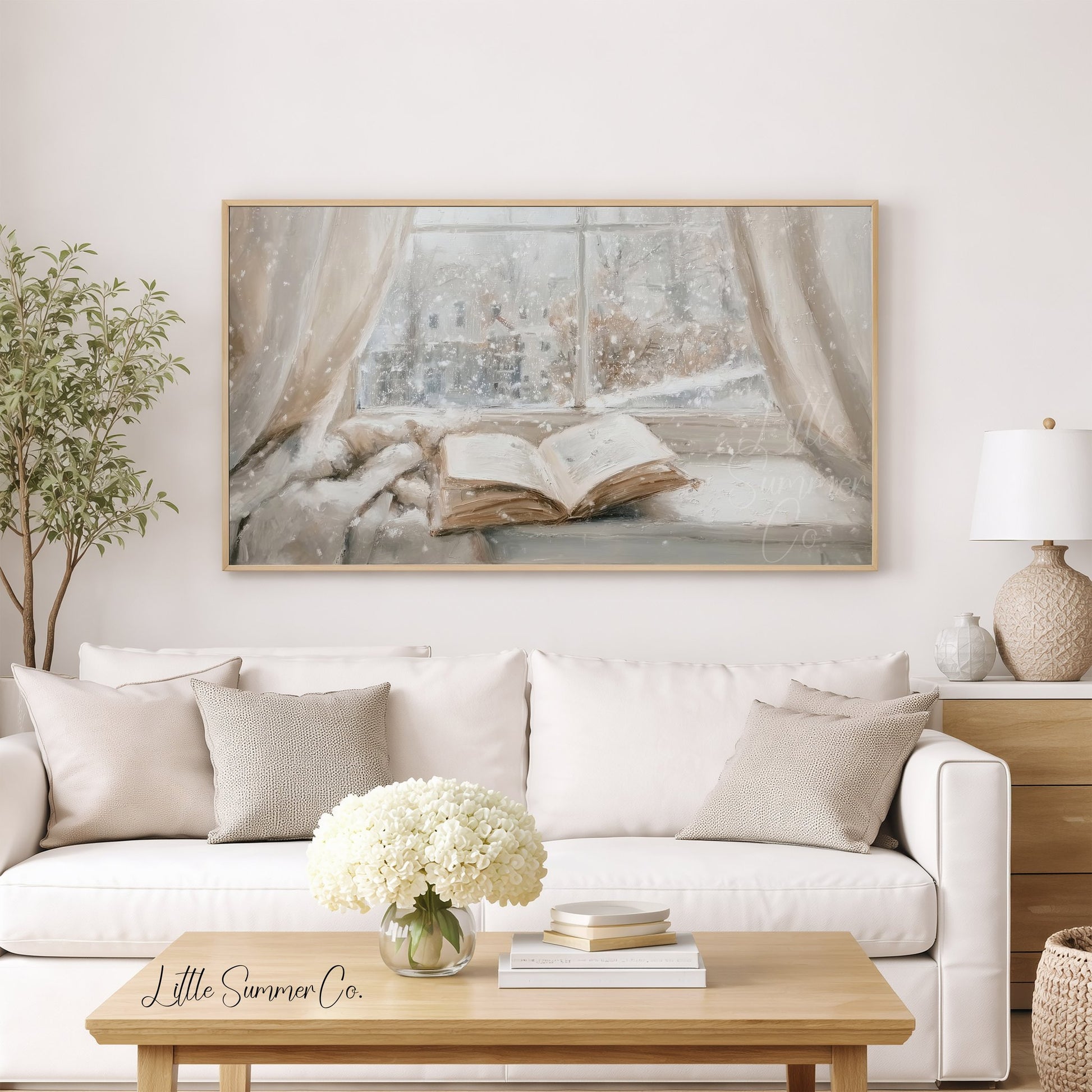 Open Book Snowy Window Frame TV Art displayed on a TV