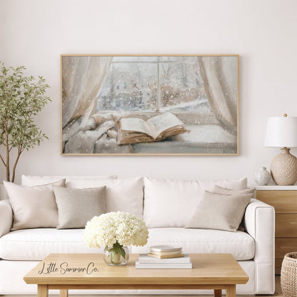 Open Book Snowy Window Frame TV Art displayed on a TV