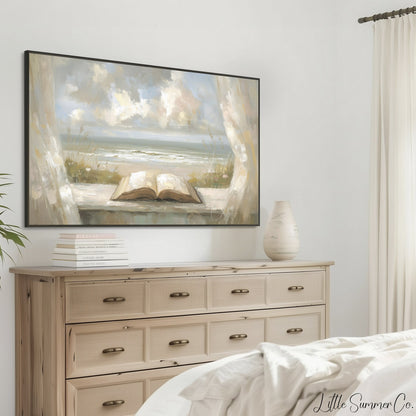 Open Book Beach View Frame TV Art displayed on a TV