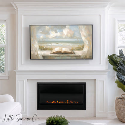 Open Book Beach View Frame TV Art displayed on a TV