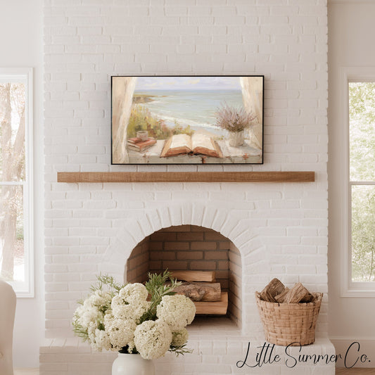 Seaside Window Book Frame TV Art displayed on a TV