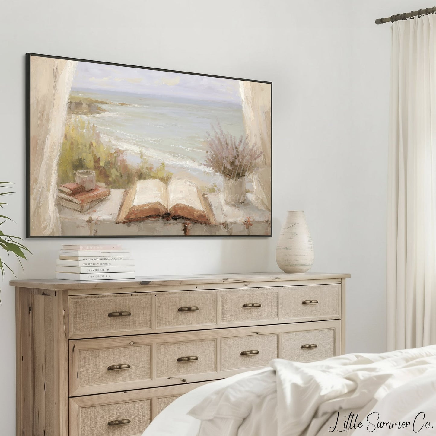 Seaside Window Book Frame TV Art displayed on a TV