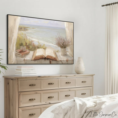 Seaside Window Book Frame TV Art displayed on a TV