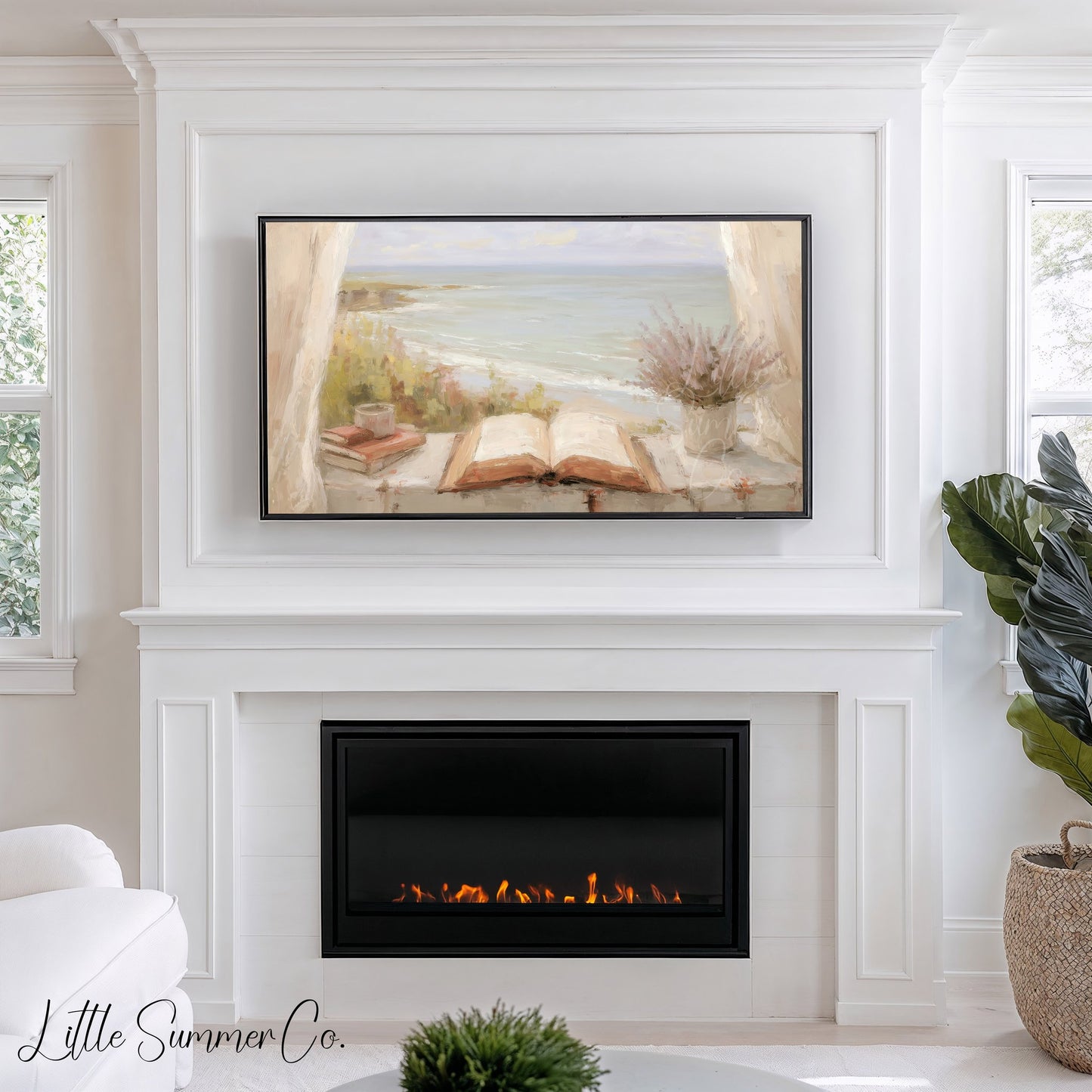 Seaside Window Book Frame TV Art displayed on a TV