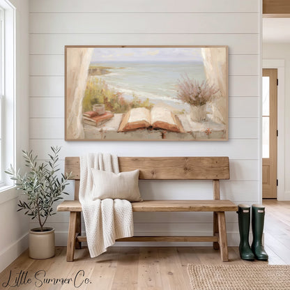 Seaside Window Book Frame TV Art displayed on a TV