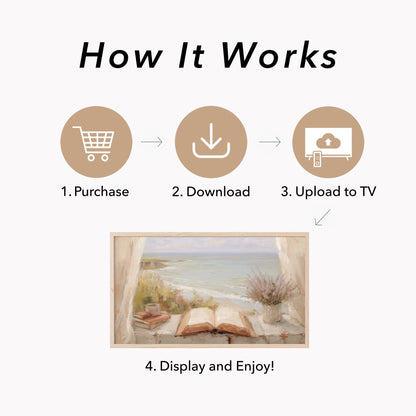 Seaside Window Book Frame TV Art displayed on a TV