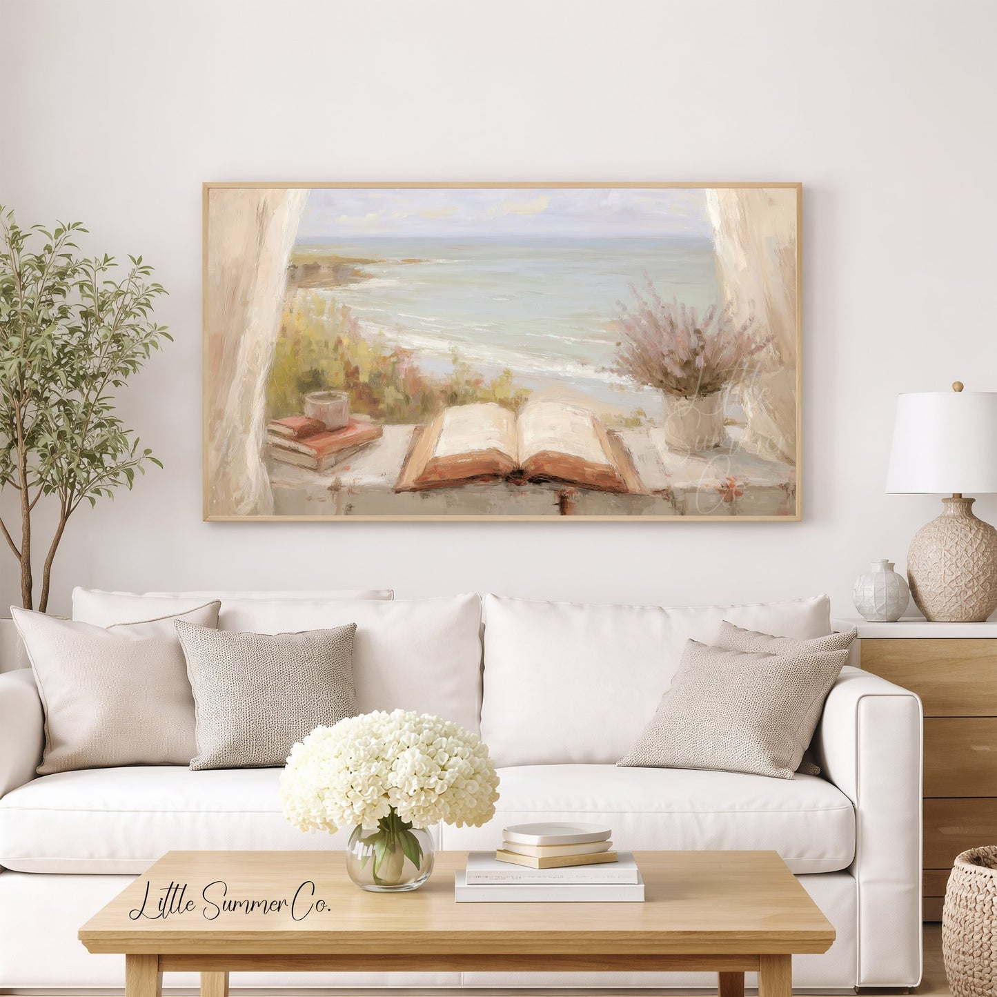 Seaside Window Book Frame TV Art displayed on a TV