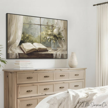 Open Book And Flowers Frame TV Art displayed on a TV