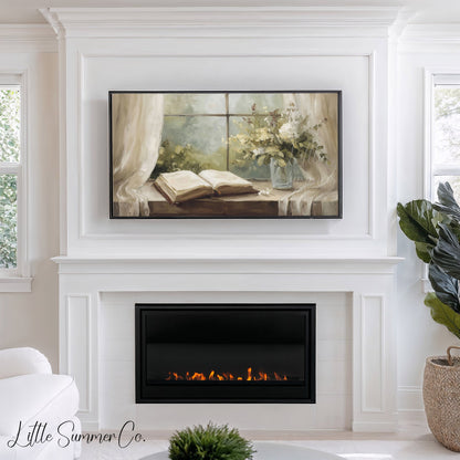 Open Book And Flowers Frame TV Art displayed on a TV
