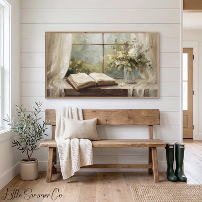 Open Book And Flowers Frame TV Art displayed on a TV
