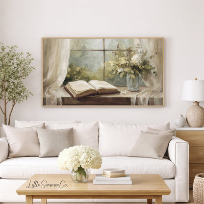 Open Book And Flowers Frame TV Art displayed on a TV