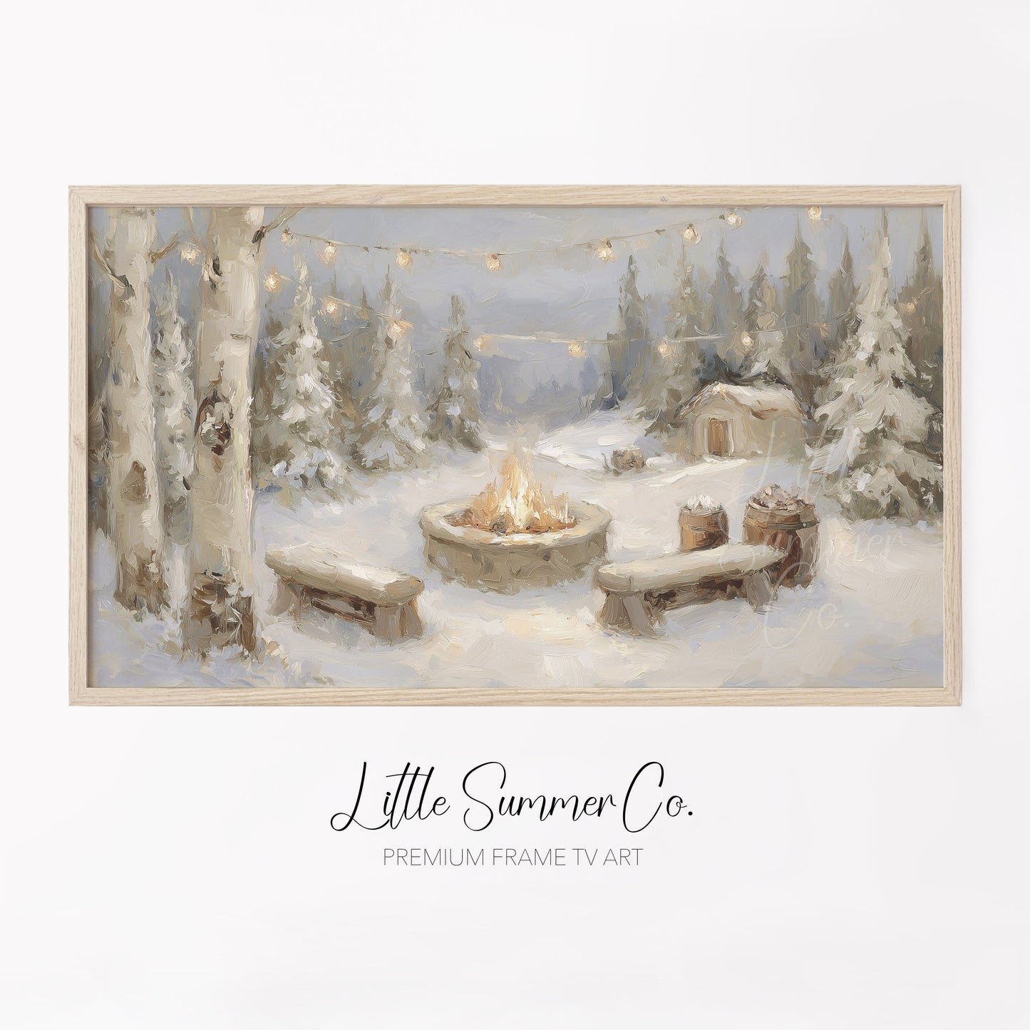 Snowy Campfire Cabin Frame TV Art displayed on a TV