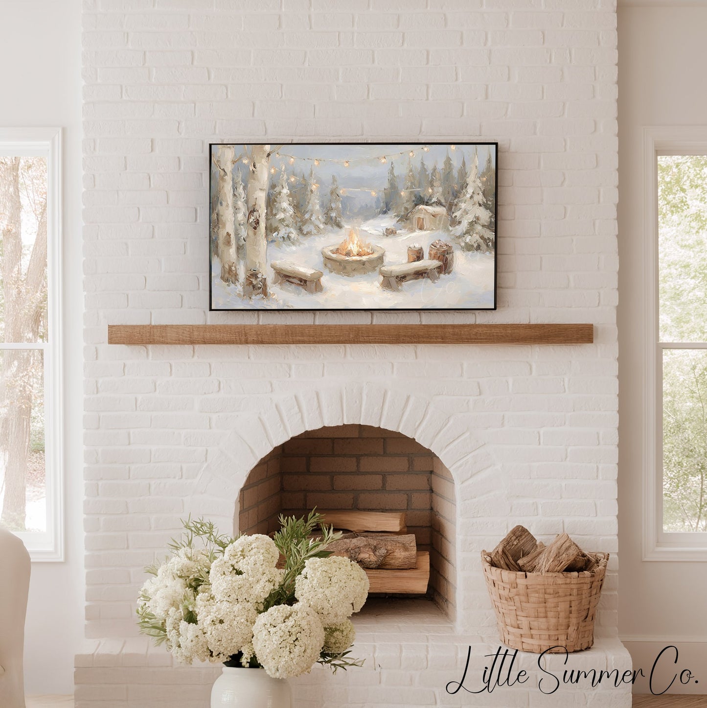 Snowy Campfire Cabin Frame TV Art displayed on a TV