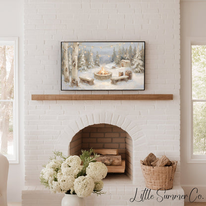 Snowy Campfire Cabin Frame TV Art displayed on a TV