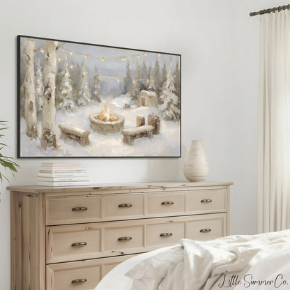 Snowy Campfire Cabin Frame TV Art displayed on a TV