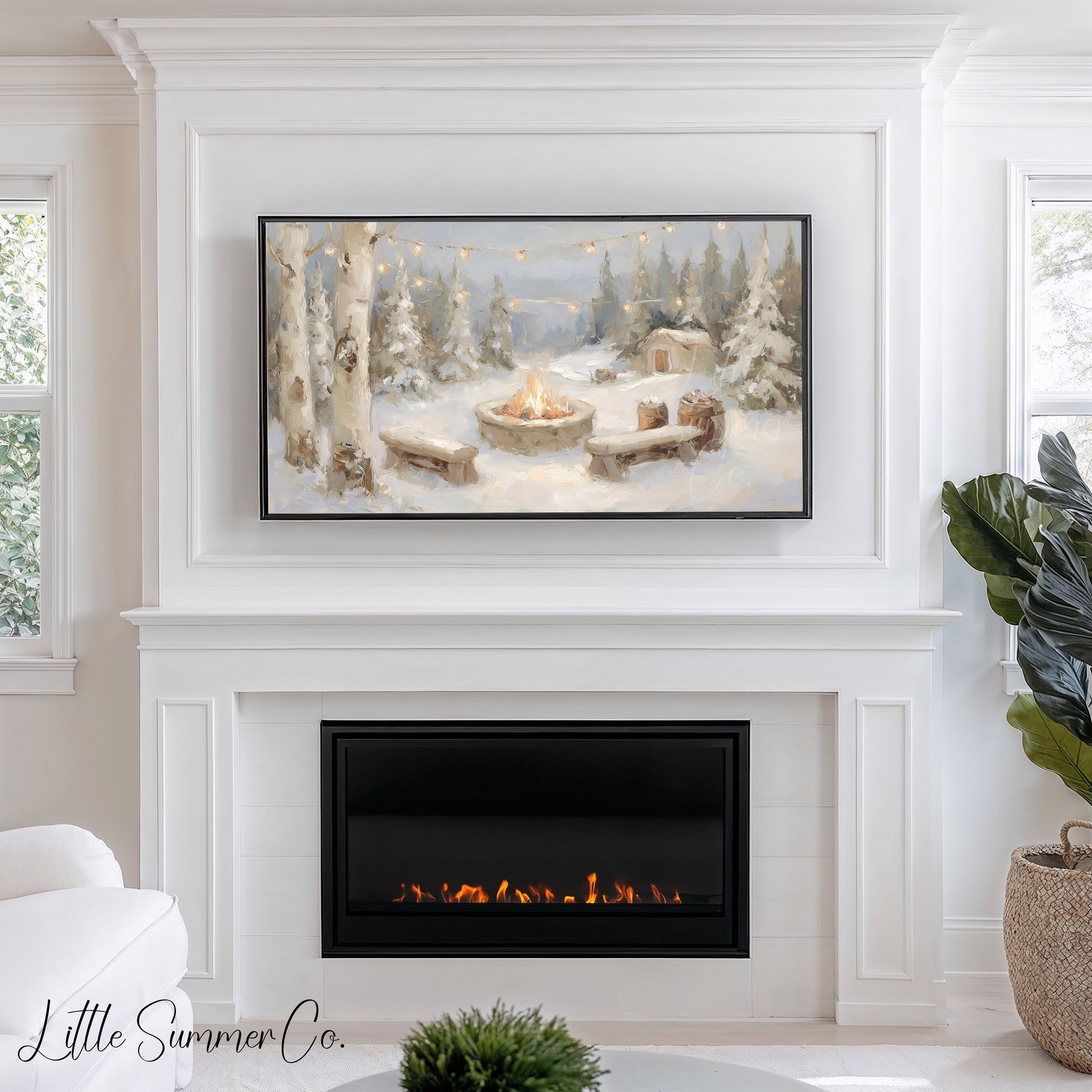 Snowy Campfire Cabin Frame TV Art displayed on a TV