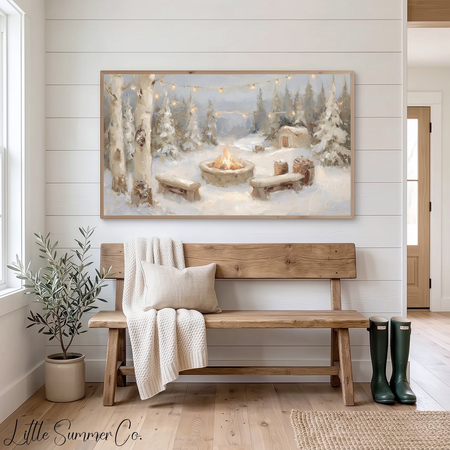 Snowy Campfire Cabin Frame TV Art displayed on a TV