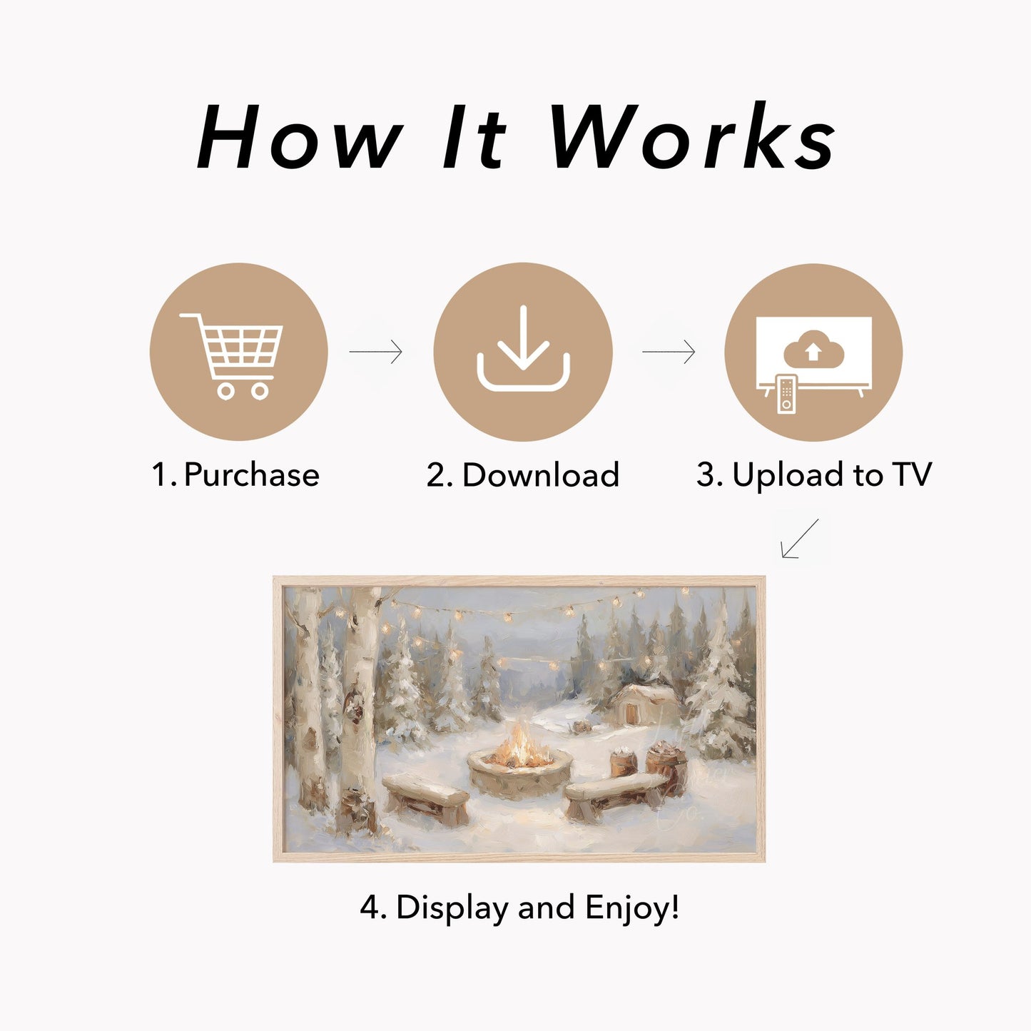 Snowy Campfire Cabin Frame TV Art displayed on a TV