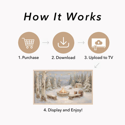 Snowy Campfire Cabin Frame TV Art displayed on a TV