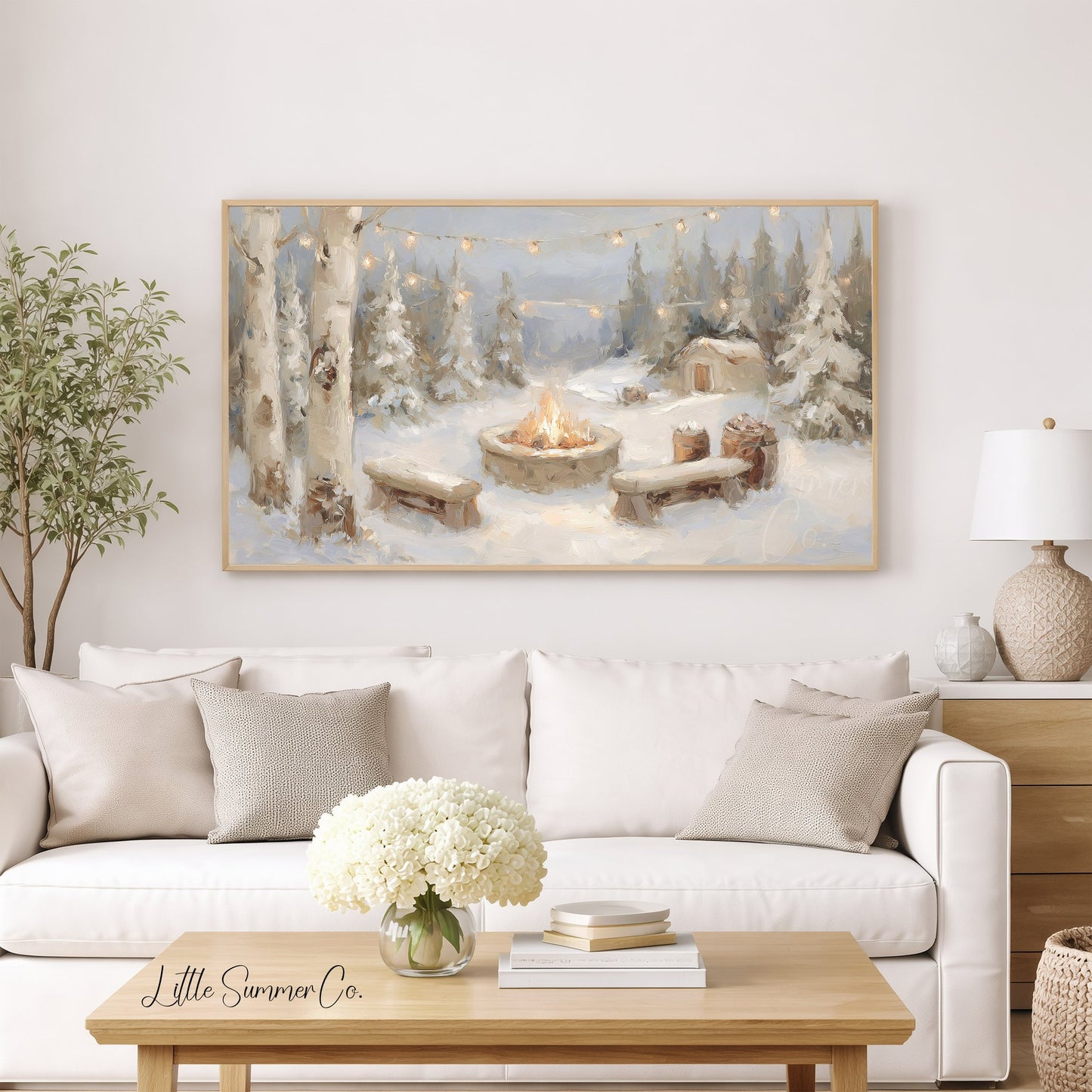 Snowy Campfire Cabin Frame TV Art displayed on a TV