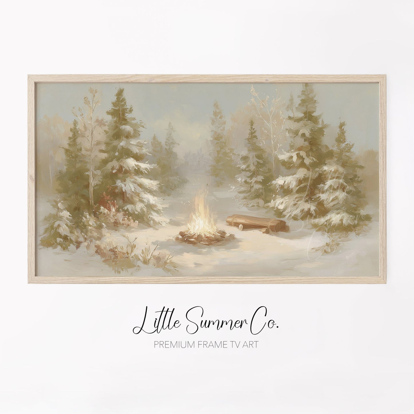 Snowy Forest Campfire Frame TV Art displayed on a TV