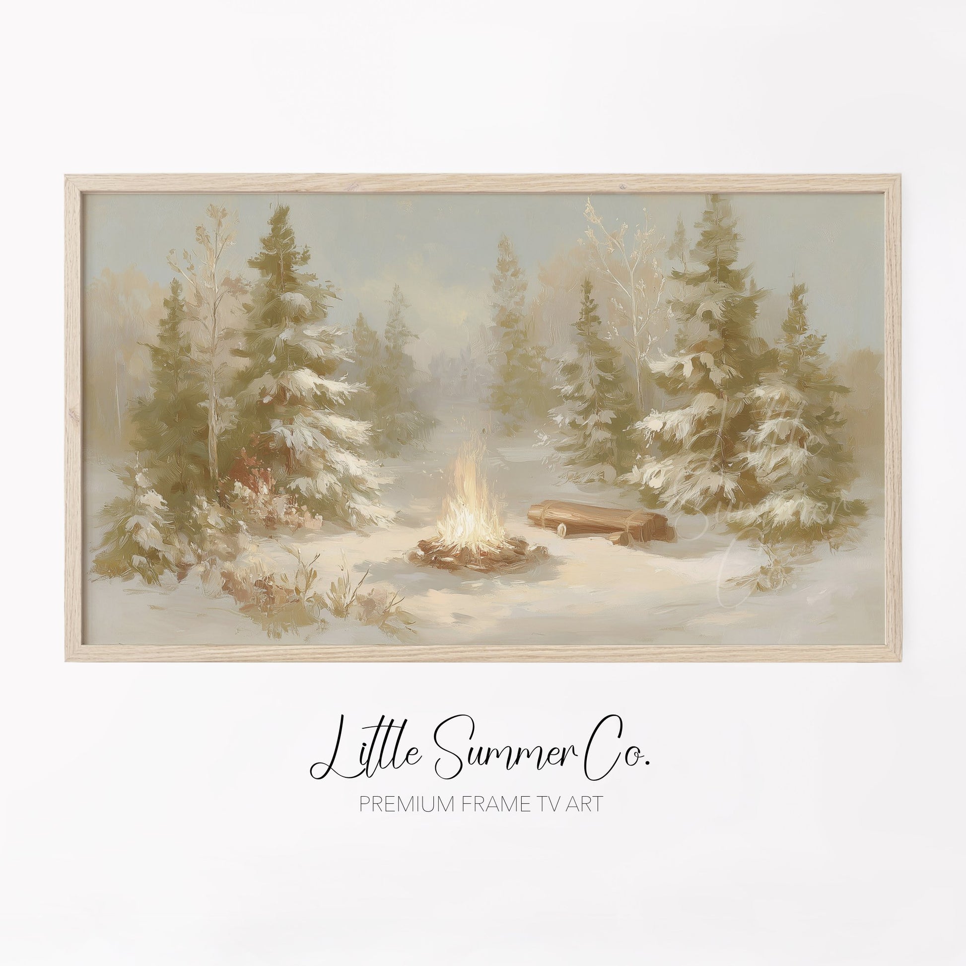 Snowy Forest Campfire Frame TV Art displayed on a TV