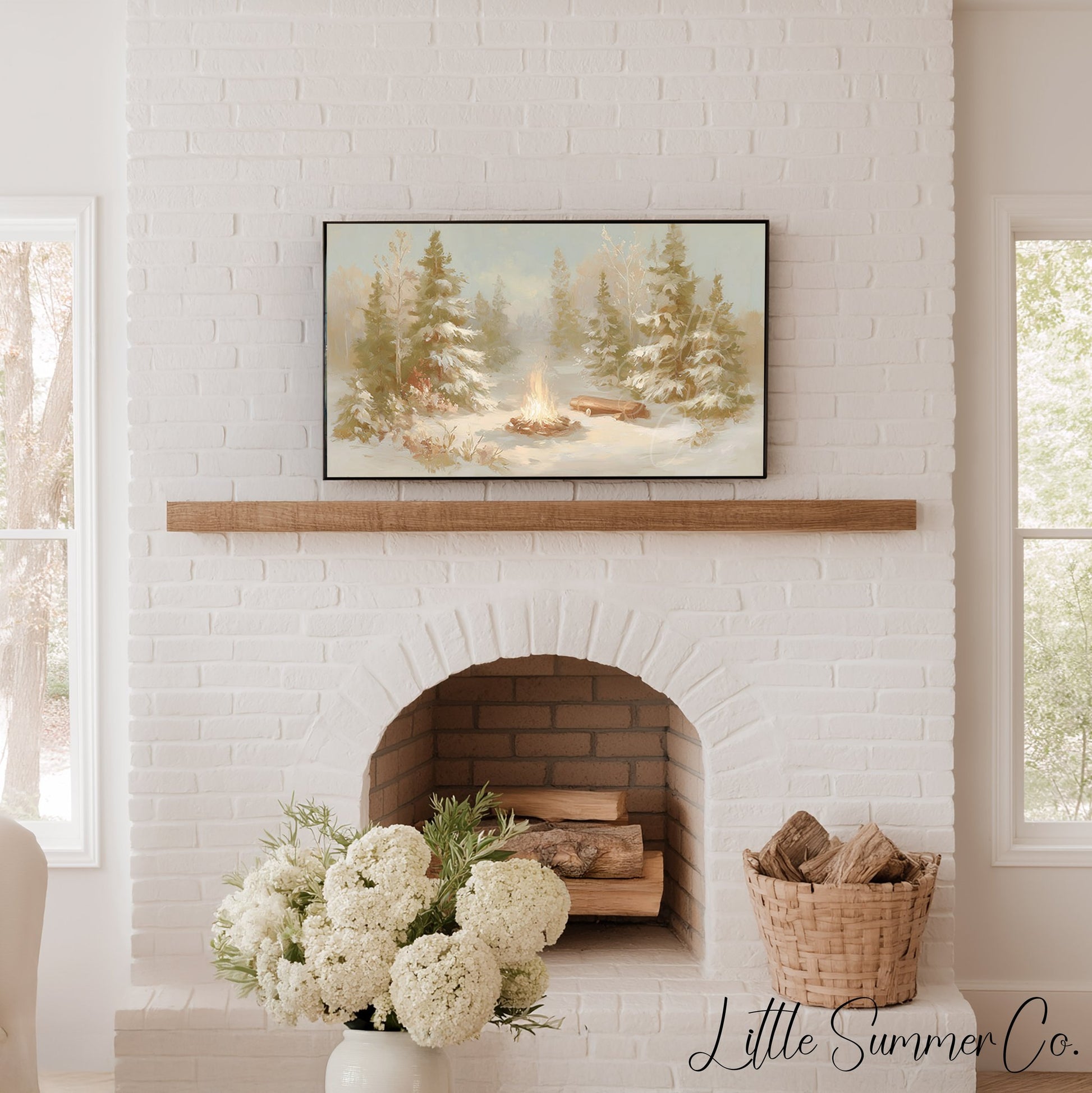 Snowy Forest Campfire Frame TV Art displayed on a TV