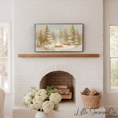 Snowy Forest Campfire Frame TV Art displayed on a TV