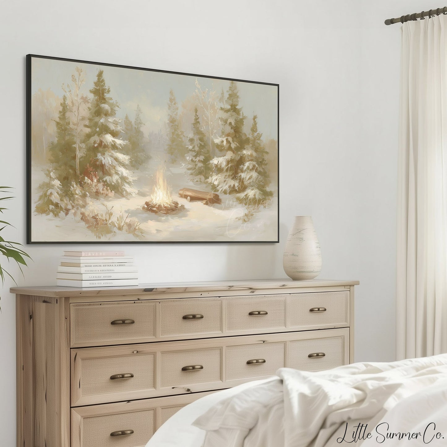 Snowy Forest Campfire Frame TV Art displayed on a TV