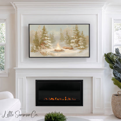 Snowy Forest Campfire Frame TV Art displayed on a TV