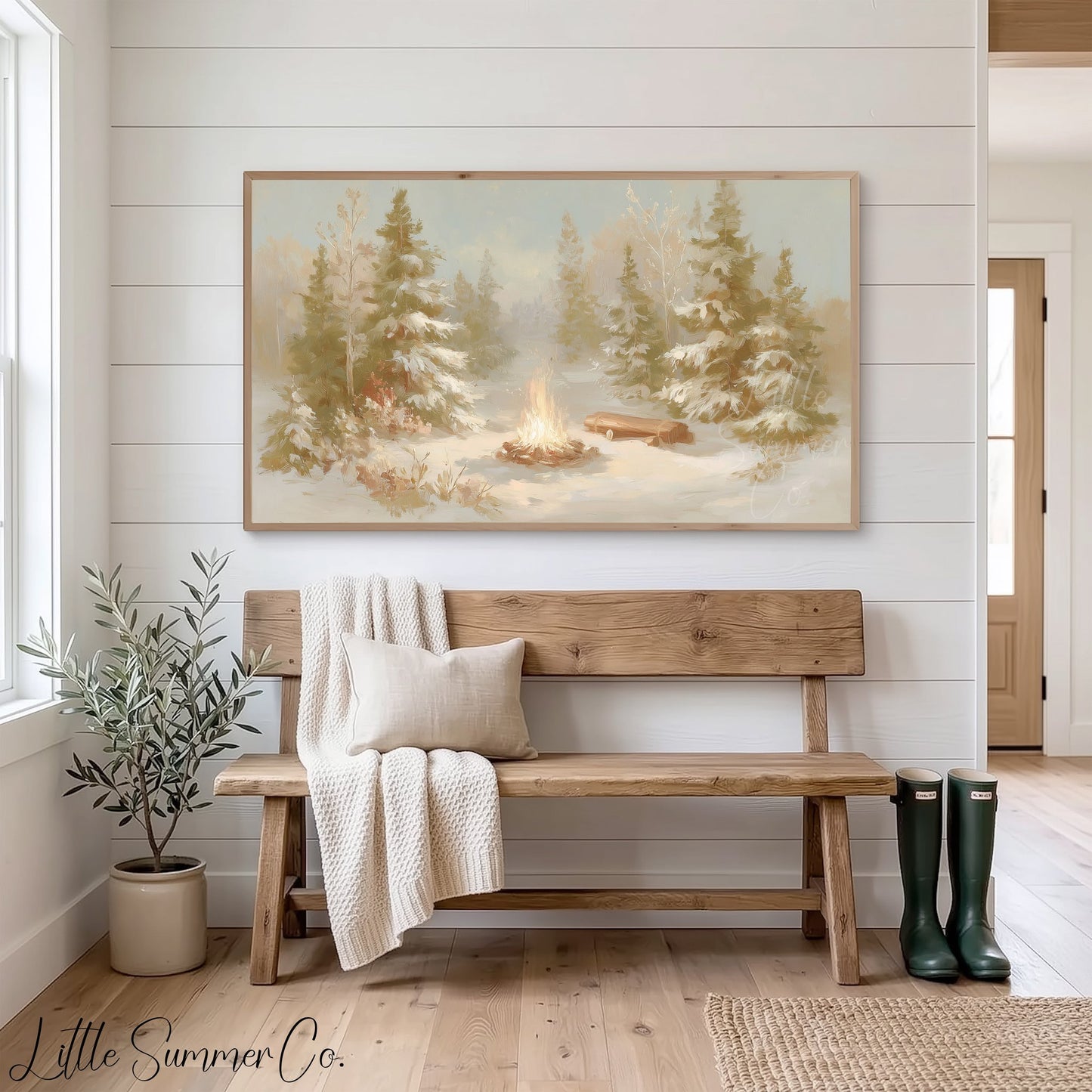 Snowy Forest Campfire Frame TV Art displayed on a TV
