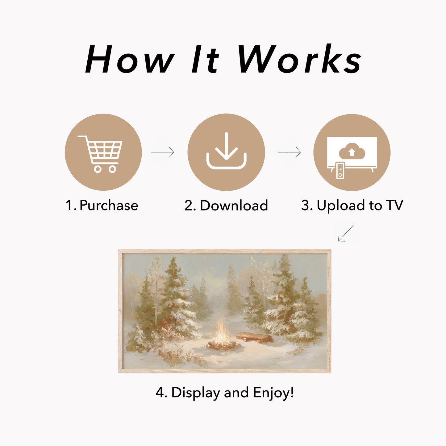 Snowy Forest Campfire Frame TV Art displayed on a TV