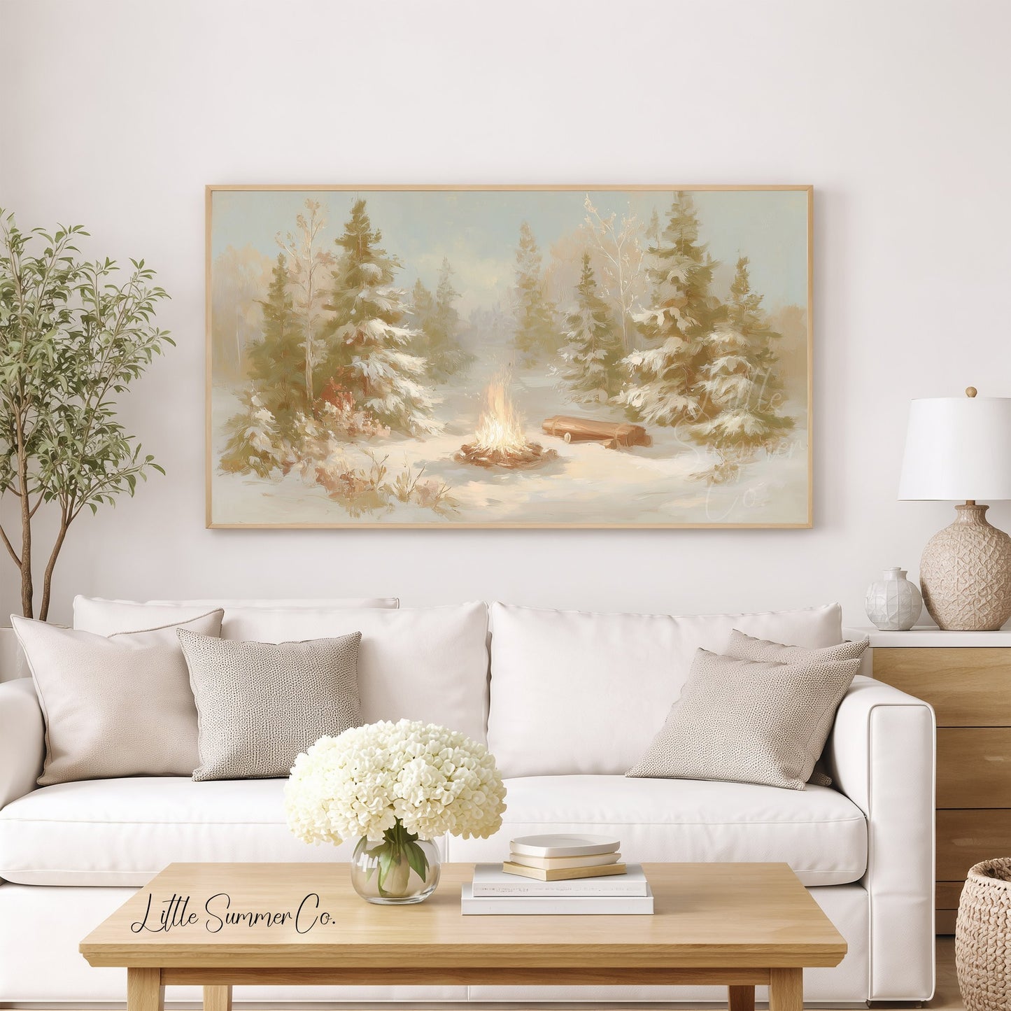 Snowy Forest Campfire Frame TV Art displayed on a TV