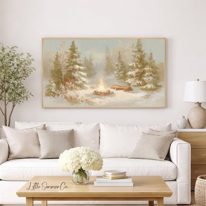 Snowy Forest Campfire Frame TV Art displayed on a TV