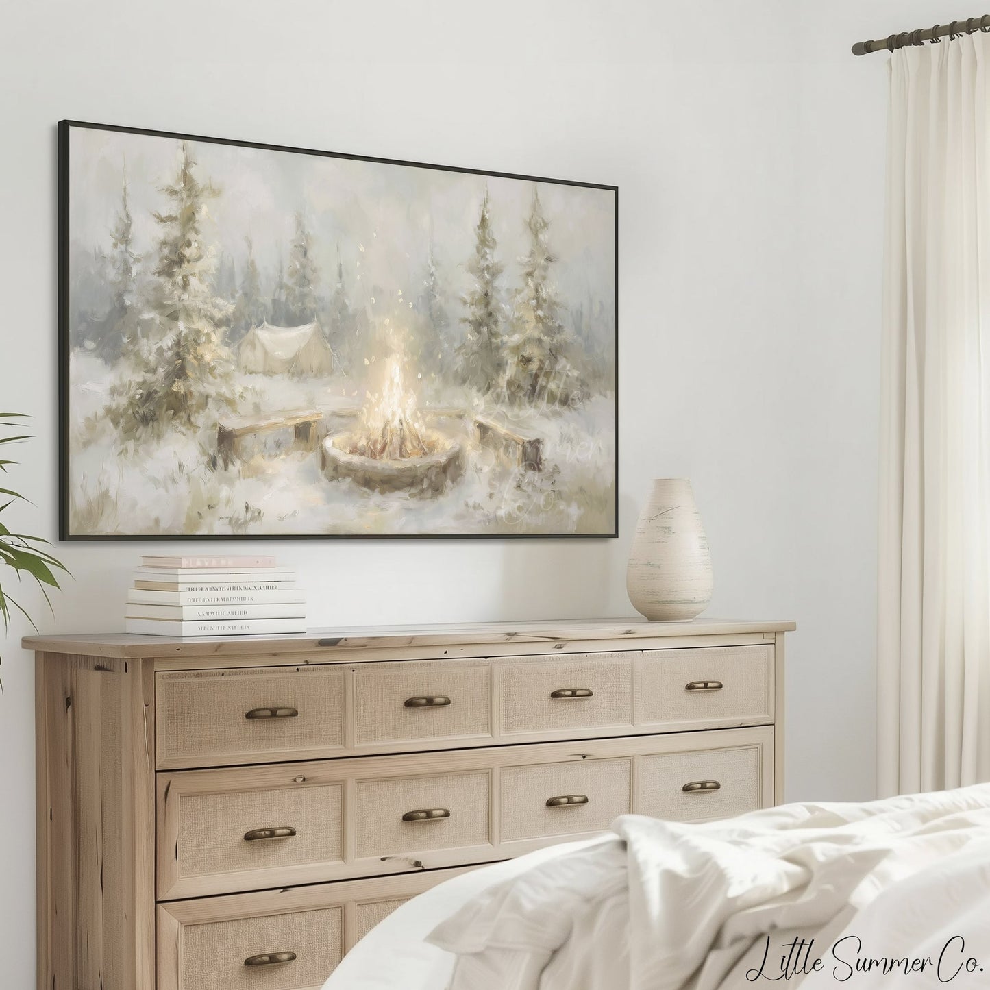 Snowy Campfire Frame TV Art displayed on a TV