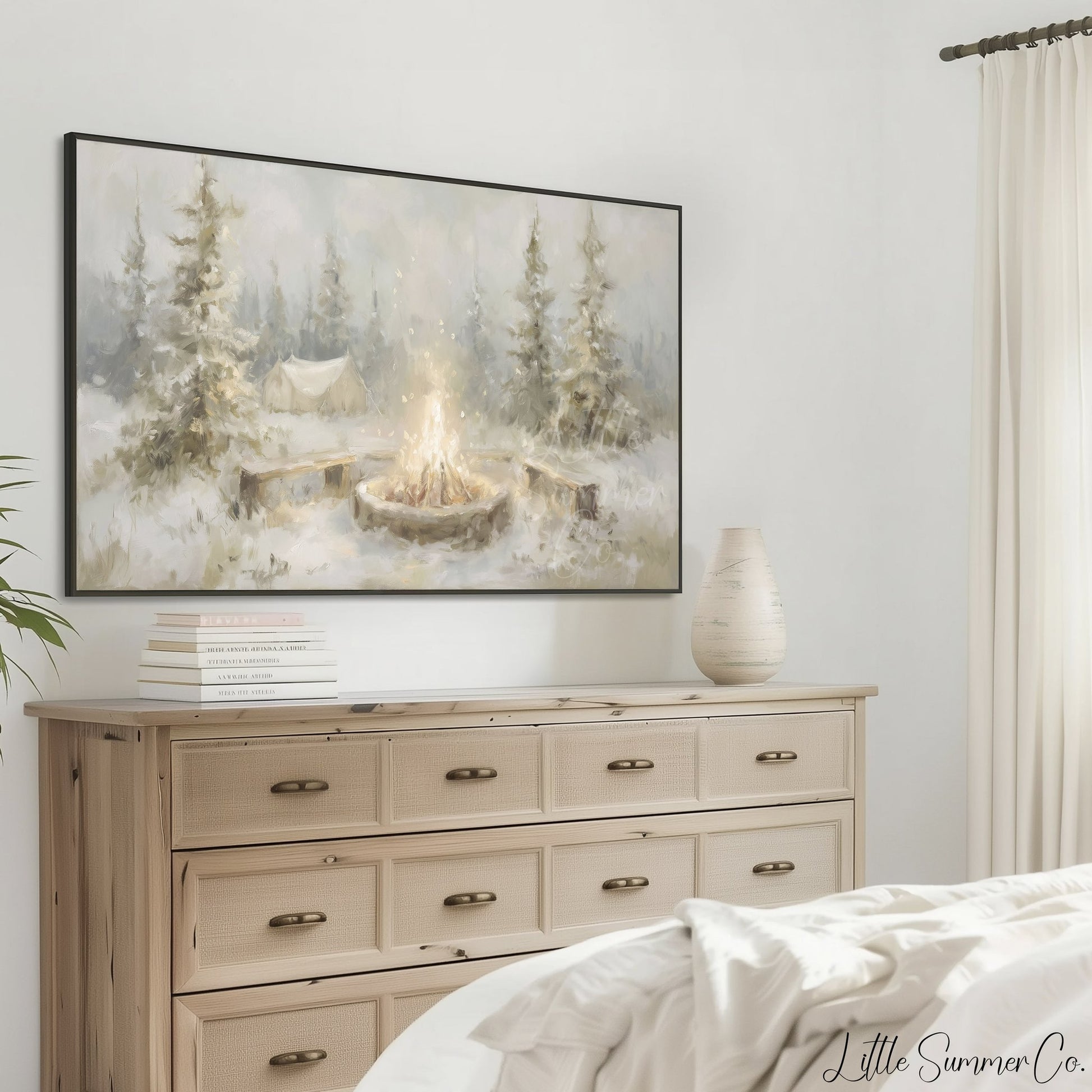 Snowy Campfire Frame TV Art displayed on a TV