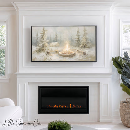 Snowy Campfire Frame TV Art displayed on a TV