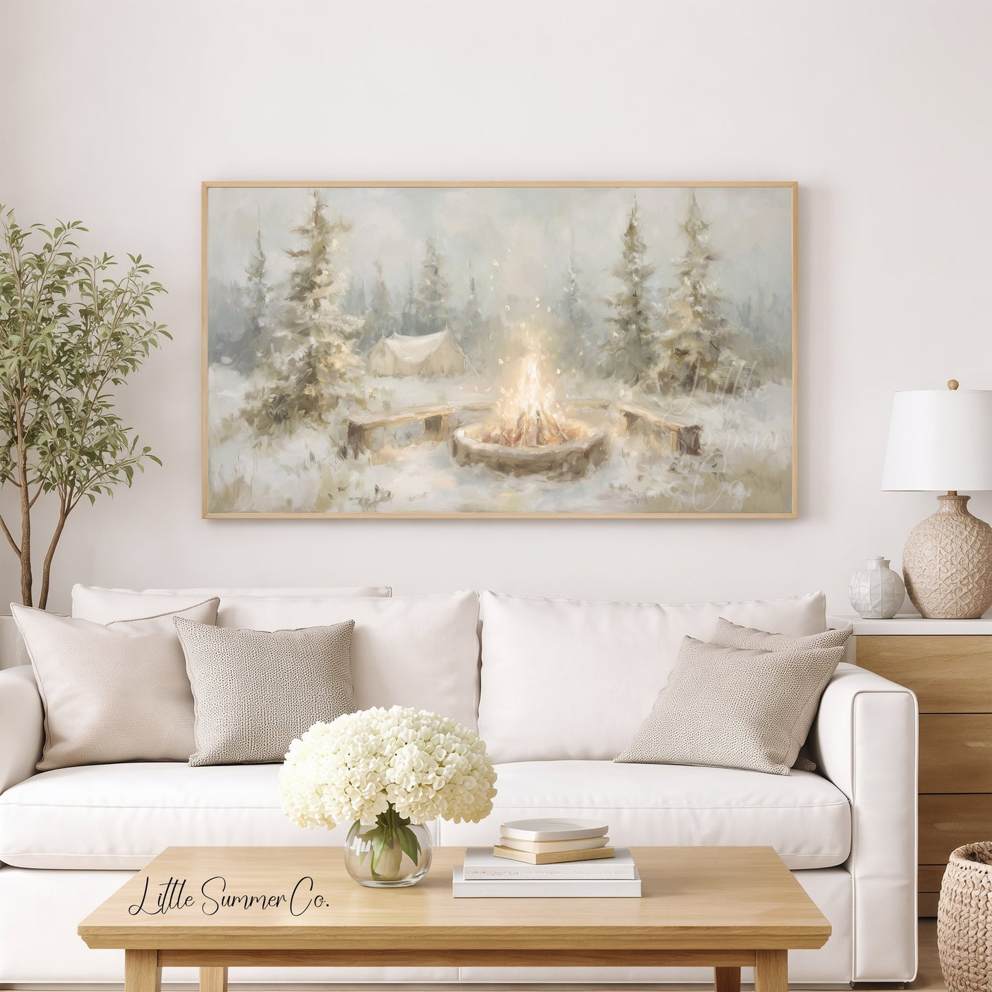 Snowy Campfire Frame TV Art displayed on a TV
