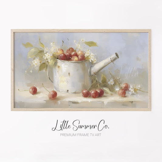 Cherries in Watering Can Frame TV Art displayed on a TV