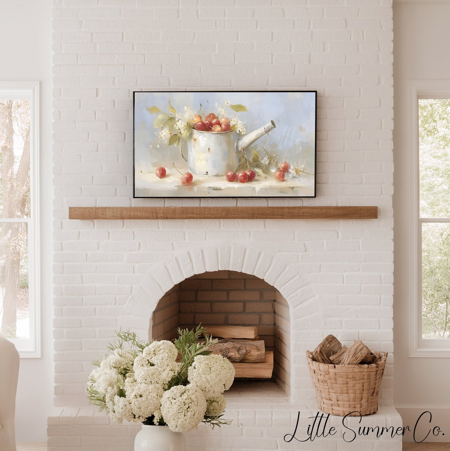 Cherries in Watering Can Frame TV Art displayed on a TV
