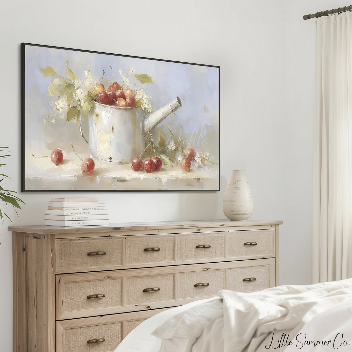 Cherries in Watering Can Frame TV Art displayed on a TV